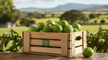 Freshly picked Feijoa fruit from garden placed in the boxes. Generative AI photo