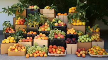 recién escogido chico Fruta desde jardín metido en el cajas generativo ai foto