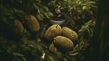 recién escogido Durian Fruta desde jardín metido en el cajas generativo ai foto