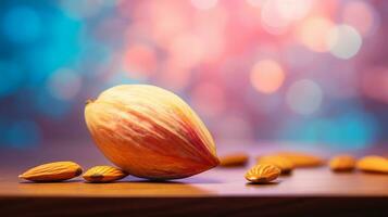 Photo of Almond fruit half against a colorful abstract background. Generative AI