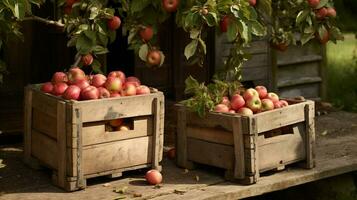 recién escogido manzana Fruta desde jardín metido en el cajas generativo ai foto