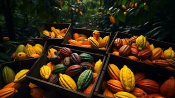 recién escogido cacao Fruta desde jardín metido en el cajas generativo ai foto