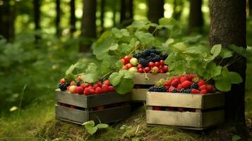 recién escogido bote Fruta desde jardín metido en el cajas generativo ai foto