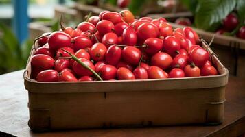 Freshly picked Barbados cherry fruit from garden placed in the boxes. Generative AI photo