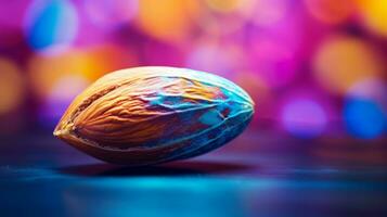 Photo of Almond fruit half against a colorful abstract background. Generative AI