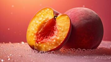 Photo of Peach fruit half against a colorful abstract background. Generative AI