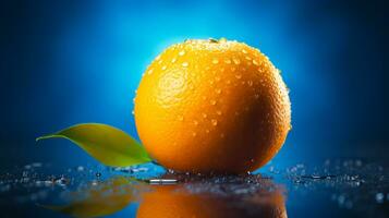 Photo of Mandarin orange fruit half against a colorful abstract background. Generative AI