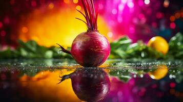 Photo of Beet fruit half against a colorful abstract background. Generative AI