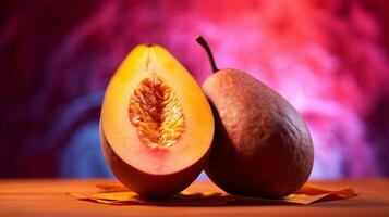 Photo of Mamey sapote fruit half against a colorful abstract background. Generative AI
