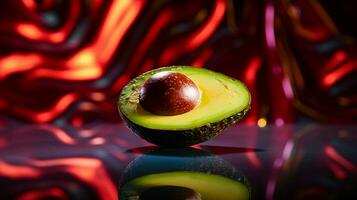 Photo of Avocado fruit half against a colorful abstract background. Generative AI