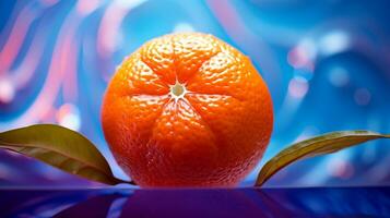 Photo of Mandarin fruit half against a colorful abstract background. Generative AI