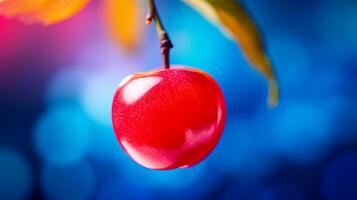 Photo of Barbados cherry fruit half against a colorful abstract background. Generative AI