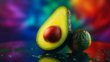 Photo of Avocado fruit half against a colorful abstract background. Generative AI