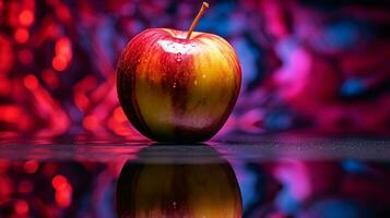 foto de manzana Fruta medio en contra un vistoso resumen antecedentes. generativo ai