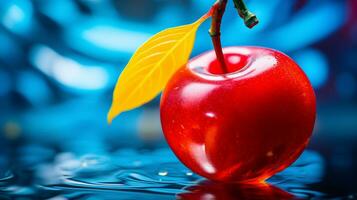 Photo of Barbados cherry fruit half against a colorful abstract background. Generative AI