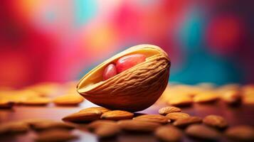 Photo of Almond fruit half against a colorful abstract background. Generative AI