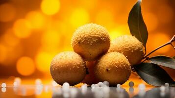 Photo of Longan fruit half against a colorful abstract background. Generative AI