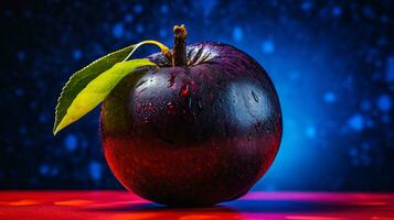 Photo of Black sapote fruit half against a colorful abstract background. Generative AI