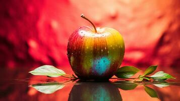 Photo of Apple fruit half against a colorful abstract background. Generative AI