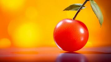 Photo of Barbados cherry fruit half against a colorful abstract background. Generative AI