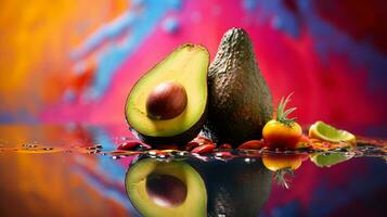 Photo of Avocado fruit half against a colorful abstract background. Generative AI