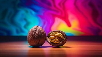 Photo of Walnut fruit half against a colorful abstract background. Generative AI