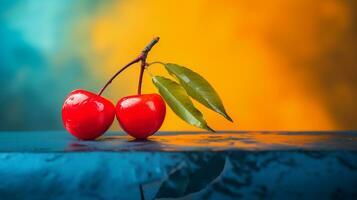 Photo of Barbados cherry fruit half against a colorful abstract background. Generative AI