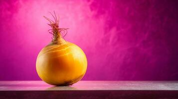 Photo of Turnip fruit half against a colorful abstract background. Generative AI