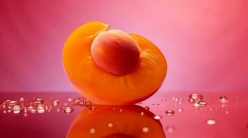 Photo of Apricot fruit half against a colorful abstract background. Generative AI