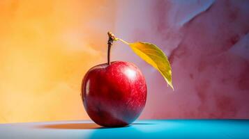 Photo of Acerola fruit half against a colorful abstract background. Generative AI