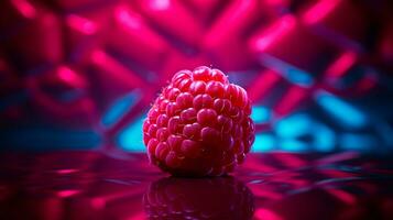 Photo of Red raspberry fruit half against a colorful abstract background. Generative AI