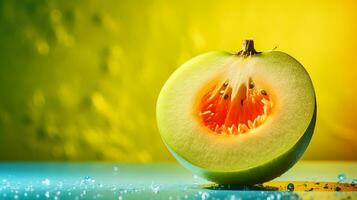 Photo of Honeydew fruit half against a colorful abstract background. Generative AI