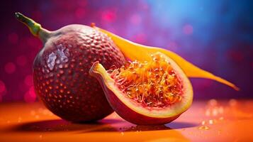 Photo of Arbei fruit half against a colorful abstract background. Generative AI