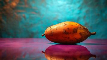 Photo of Yam bean fruit half against a colorful abstract background. Generative AI