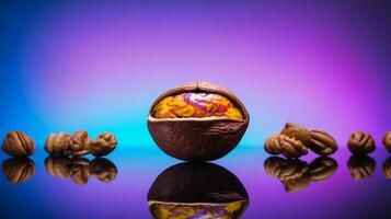 Photo of Walnut fruit half against a colorful abstract background. Generative AI