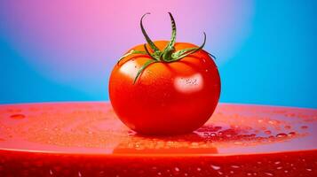 Photo of Tomato fruit half against a colorful abstract background. Generative AI