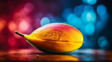 Photo of Saipan mango fruit half against a colorful abstract background. Generative AI