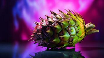 Photo of Sweetsop fruit half against a colorful abstract background. Generative AI