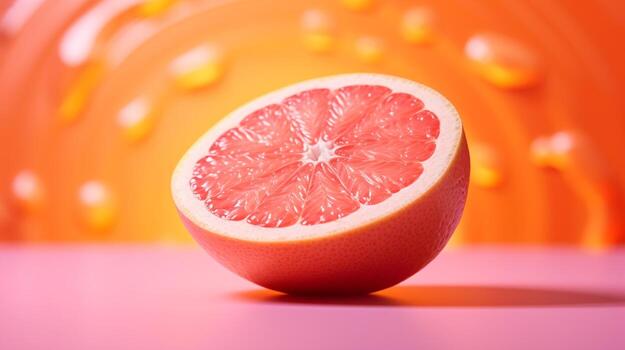 Photo of Grapefruit half against a colorful abstract background. Generative AI