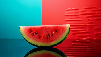 Photo of Watermelon fruit half against a colorful abstract background. Generative AI