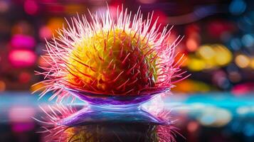 Photo of Rambutan fruit half against a colorful abstract background. Generative AI