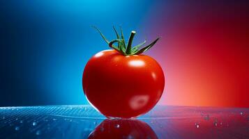 Photo of Tomato fruit half against a colorful abstract background. Generative AI