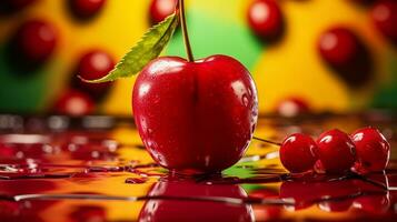 Photo of Surinam cherry fruit half against a colorful abstract background. Generative AI