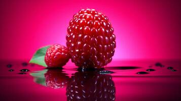 Photo of Raspberry fruit half against a colorful abstract background. Generative AI