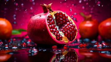 Photo of Pomegranate fruit half against a colorful abstract background. Generative AI