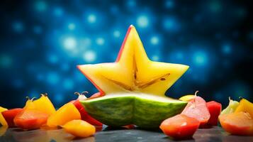 Photo of Starfruit half against a colorful abstract background. Generative AI