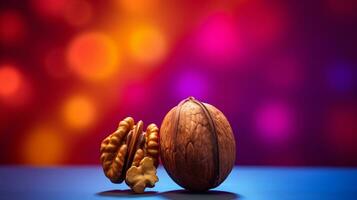 Photo of Walnut fruit half against a colorful abstract background. Generative AI