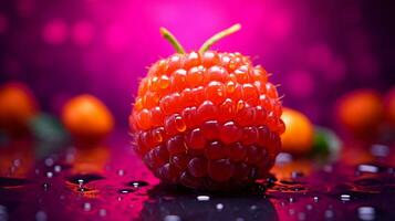 Photo of Salmonberry fruit half against a colorful abstract background. Generative AI