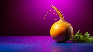 Photo of Turnip fruit half against a colorful abstract background. Generative AI