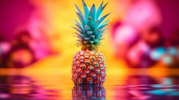 Photo of Pineapple fruit half against a colorful abstract background. Generative AI